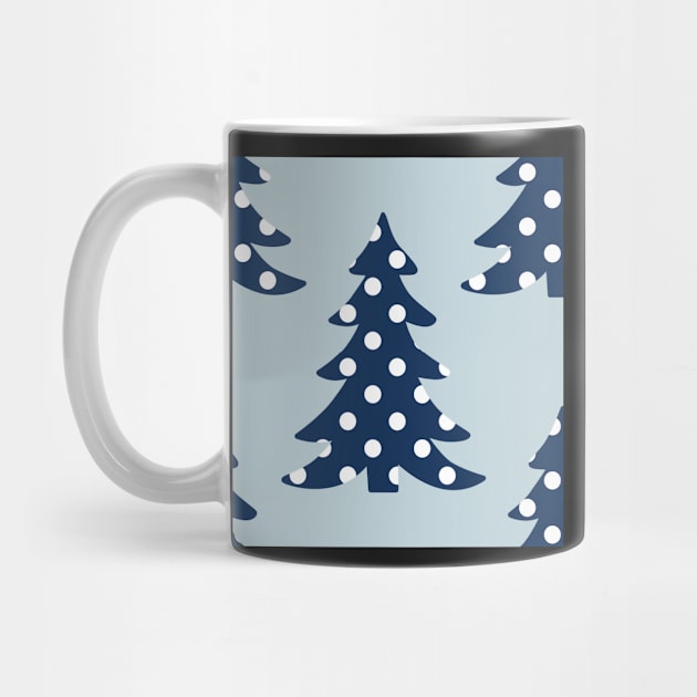 Blue christmas trees with white polka dots seamless repeat pattern by colorofmagic